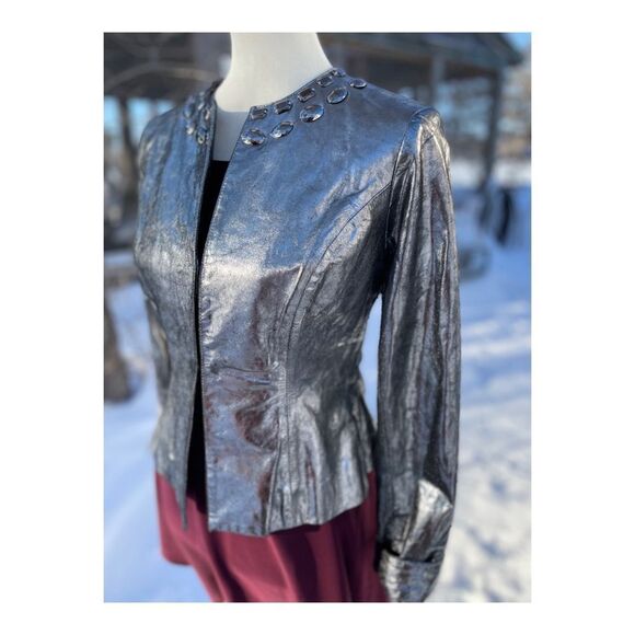 Isabel Silver Metallic Italian Leather Bomber Jacket Cobochon Studded Sz M - Picture 3 of 12